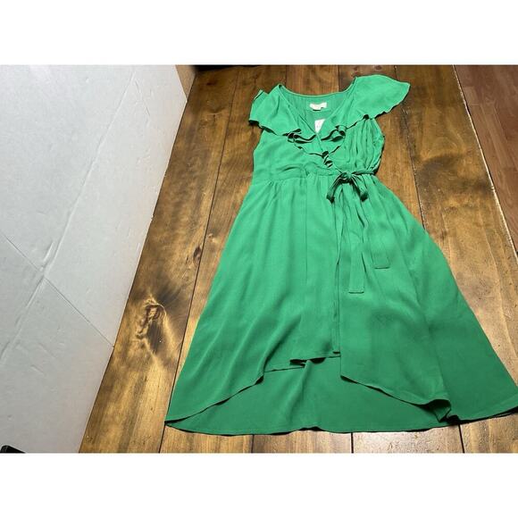 Maeve Anthropologie Rosalia Faux Wrap Dress Kelly Green Ruffle Size 12 NWT - Picture 1 of 12